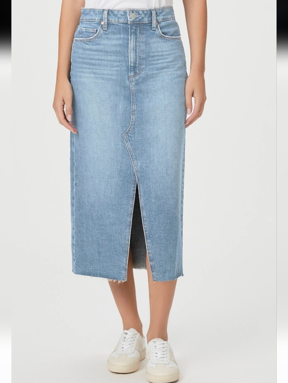 PAIGE NEW Cori Denim Vintage Light Wash Front Slit Jean Midi Skirt SZ 31